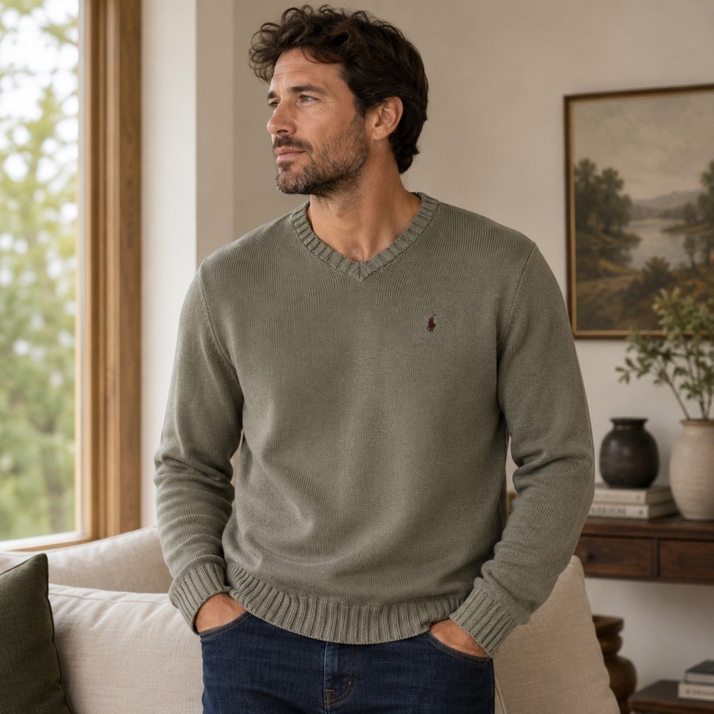 Polo‎ Ralph Lauren Mens XL Earthy grey V-Neck Shaker Knit Cotton Sweater